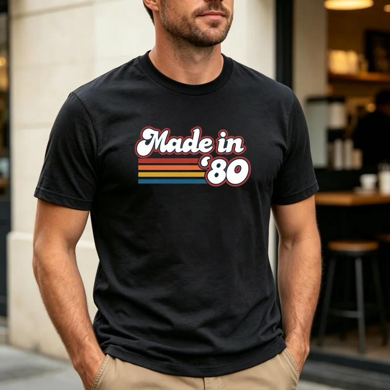 Vintage 80s Nostalgia Unisex T‑Shirt Classic Made in 80 Retro Rainbow Striped Letter Print Short Sleeve Tee Men Women Y2k Top