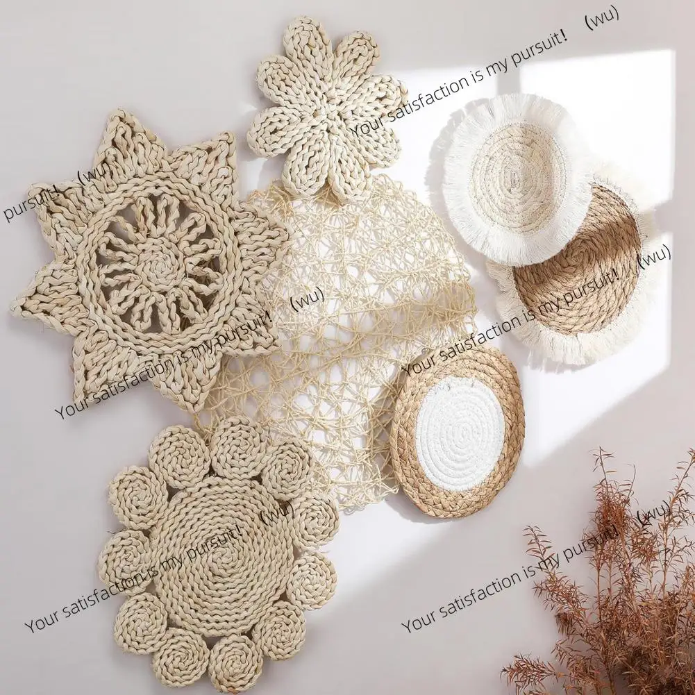 7Pcs/Set Bohemian Straw Woven Wall Decoration Home Living Room Background Wall Art Pendant Rustic Natural Wicker Weave Ornament