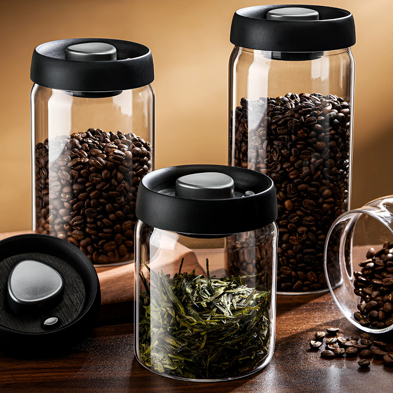 OANKR Vacuum Coffee Canister 500ml 900ml Food Storage Container, Airtight Glass Coffee Bean Jar, Professional Barista Accessorie