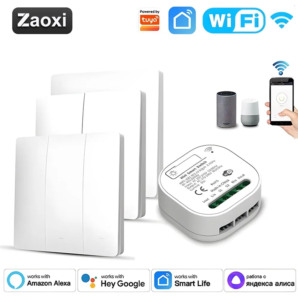 Tuya WiFi Plus FR433 Interruptor Inteligente, Alexa, Google Home, Controle Remoto por Voz, Controle Sem Fio, Controlador, 10A, AC85-265V, 1 Gang, 2 Gang, 3 Gang