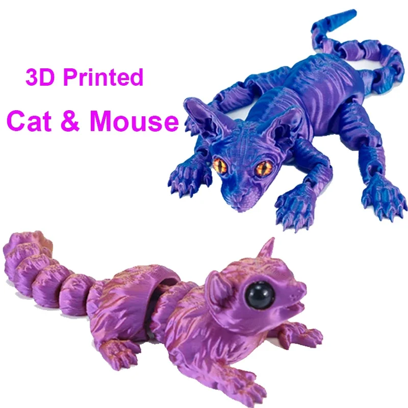 3D Printed Miniature Hairless Cat & Mouse Model Doll Toys Animal Figure Sphinx Cat Art Sculpture New Creativity Home Decor