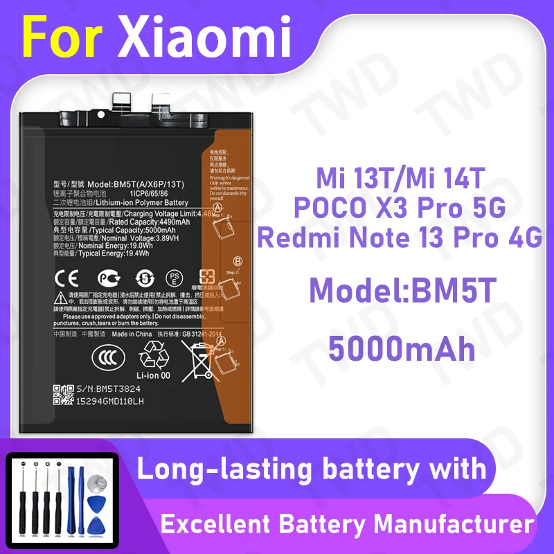 

5000mAh BM5T Battery For XIAOMI Mi 13T/Mi 14T/POCO X3 Pro 5G/Note 13 Pro 4G Replacement Bateria+Free Tools