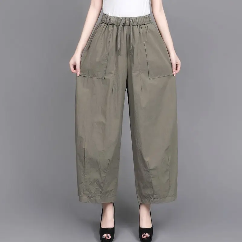 Calças de Cintura Alta com Pernas Largas para Mulheres, Soltas, Elegantes, Casuais, Elásticas, Versáteis, Calças de Nove Pontos, Nova Chegada de Outono, 100% Algodão