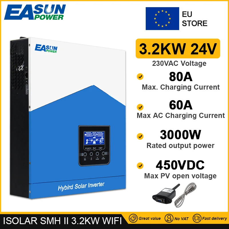 Easun Power 3200VA 3000W Solar Hybrid Off Grid Inverter MPPT 80A Solar Charger 24V Lifepo4 Lithium Battery 230VAC PV 60V-450VDC