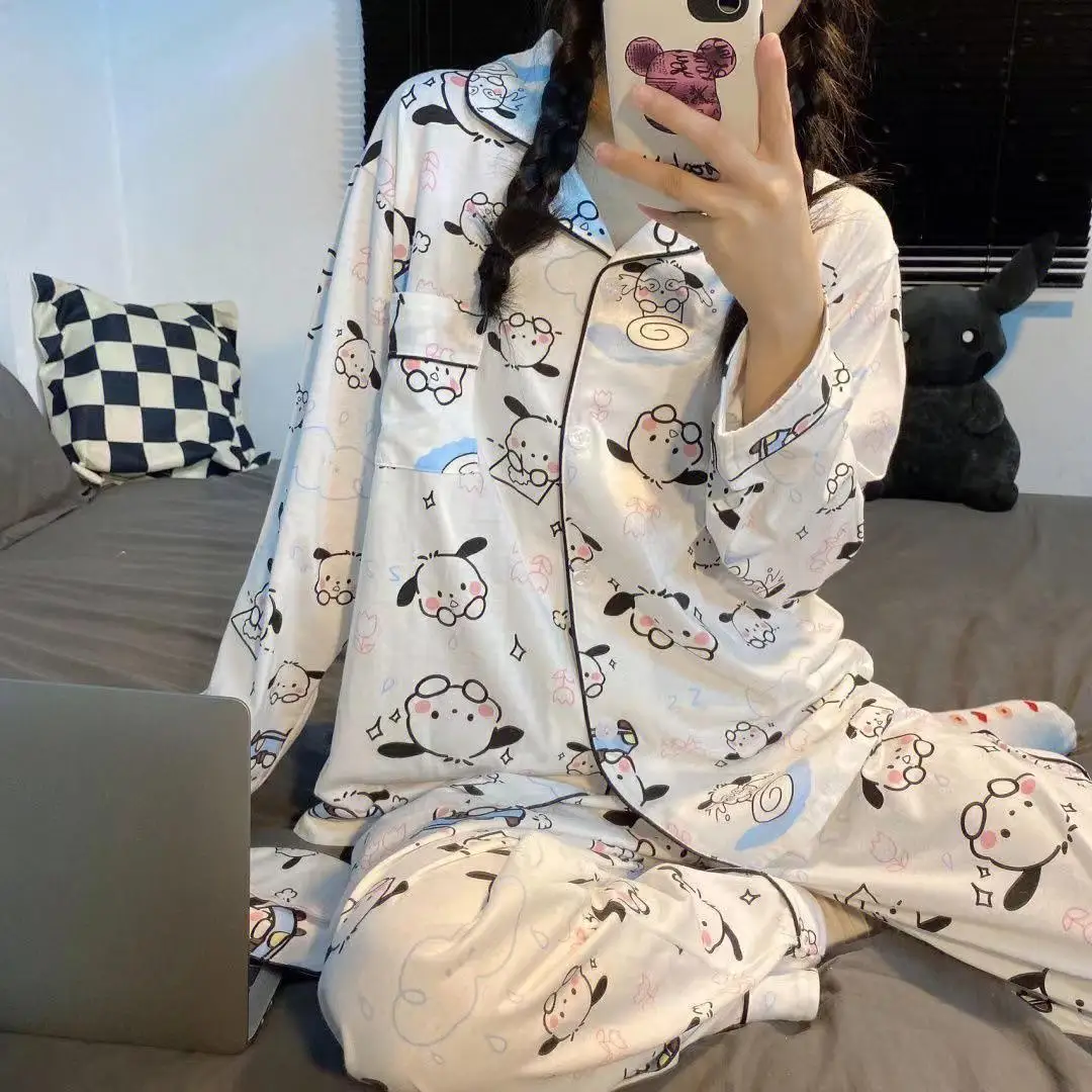 Sanrio Kuromi Cinnamoroll pijama dos desenhos animados para mulheres, conjunto de pijamas de 2 peças, terno de manga comprida feminino, moda fofa,