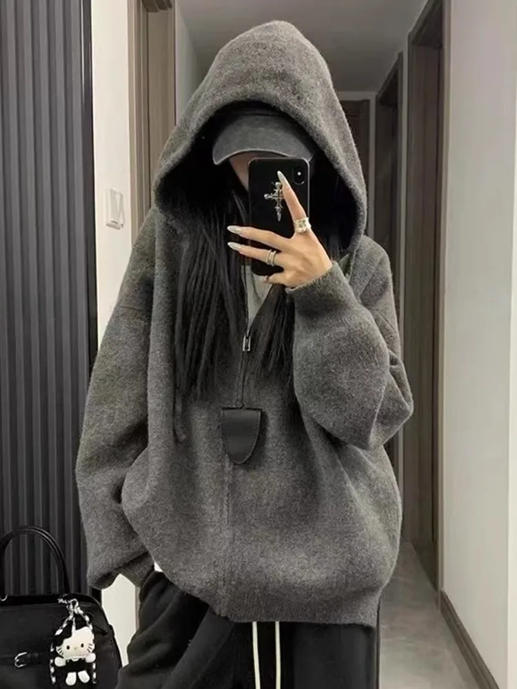 

Korean Lazy Sle Zipper Hoodie Knitted Sweater Coat Women Spring New Soft Casual Open Cardigan Top Polyester Fiber Long Sve