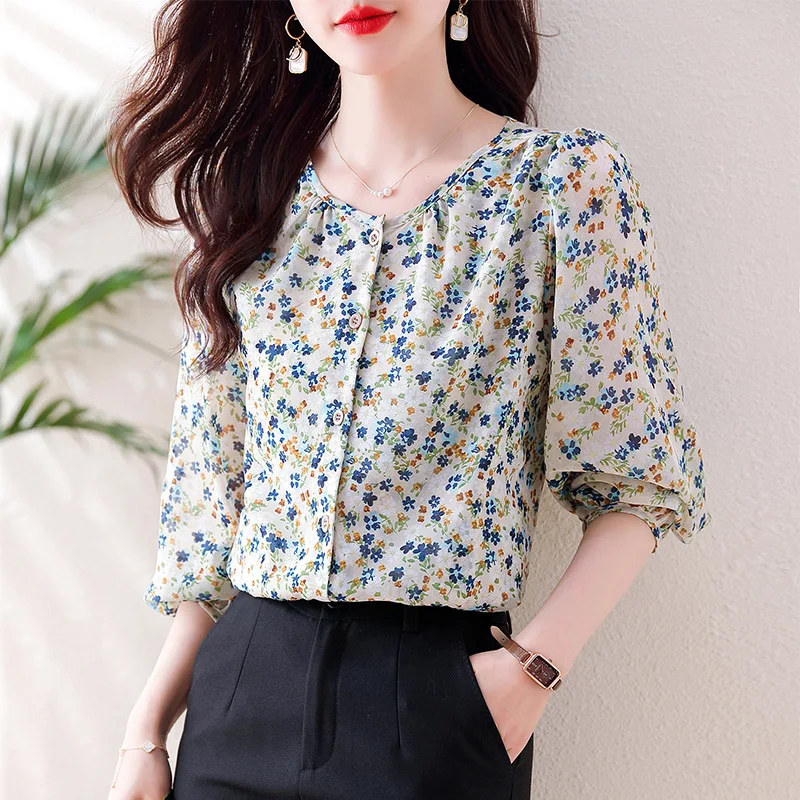 

Французская винтажная солнцезащитная рубашка с цветочным принтом, женская летняя новая стильная возрастная шифоновая рубашка с длинными рукавами и рукавами-фонариками