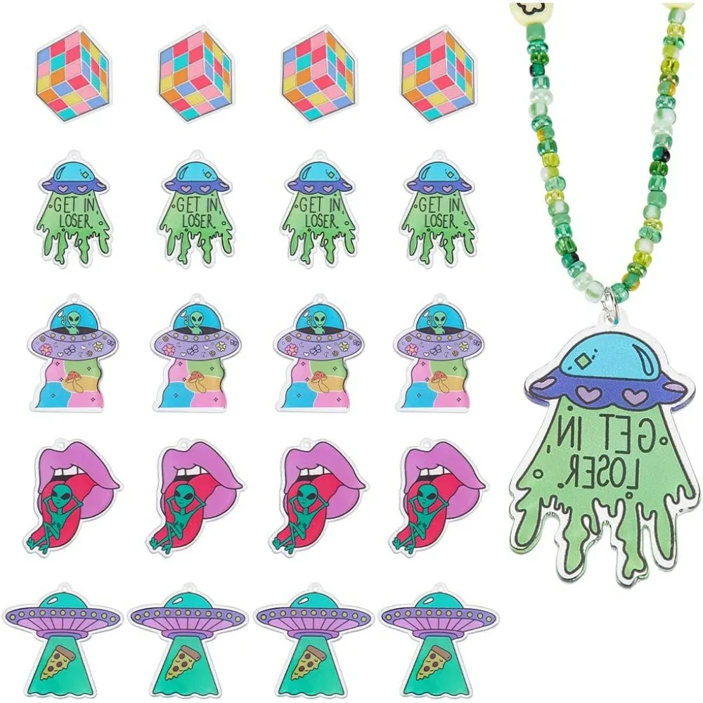 20Pcs 5 Styles Alien UFO Flying Saucer Pendant Alien Theme Colorful Acrylic Pendants Magic Cube Charm Pendant DIY for Necklace