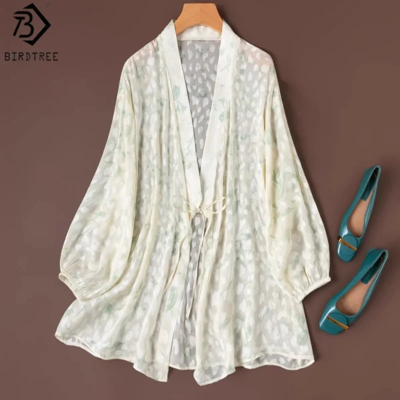 

Birdtree, 100% Silk Sheer Blouse, V-neck Lantern Sleeve Top, Women Cut Jacquard Voile Sun Protection Cardigan, 2026 New T63020JF