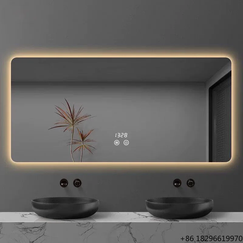 LED Smart Bathroom Mirror Anti-Fog Wall Mounted Front Light Time Temp Display for Hotel Home