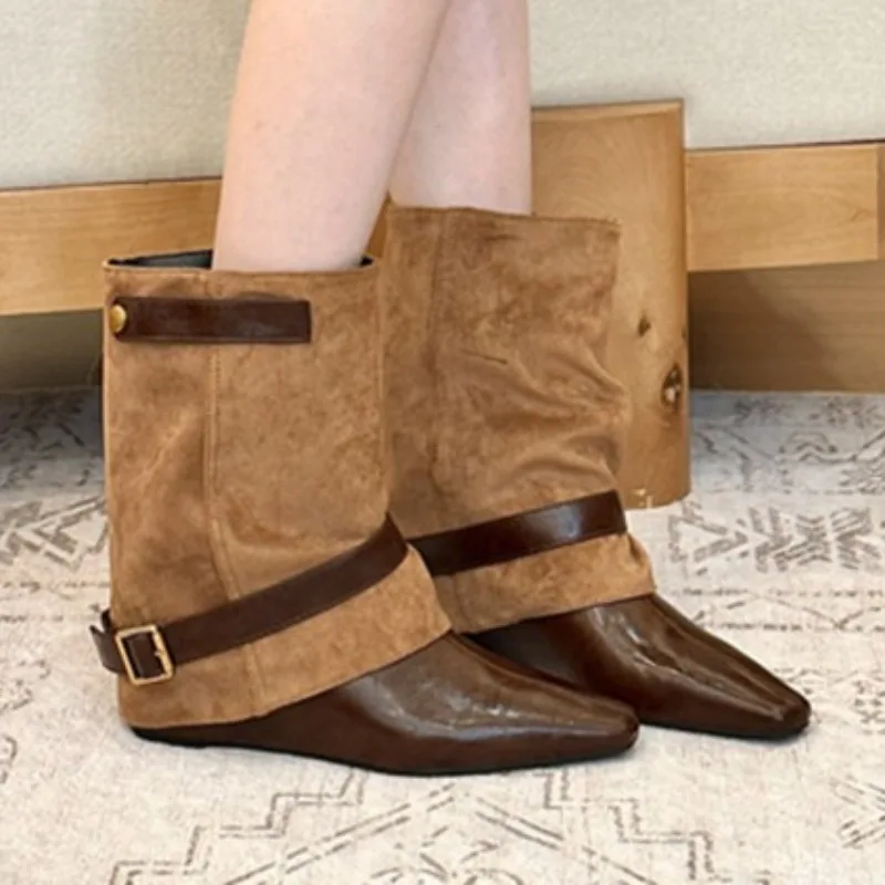 Women's Vintage Color Blocking High Heel Mid Boots New Spring and Autumn Women Pointed Toe Comfortable Fashionable Mid Boot
