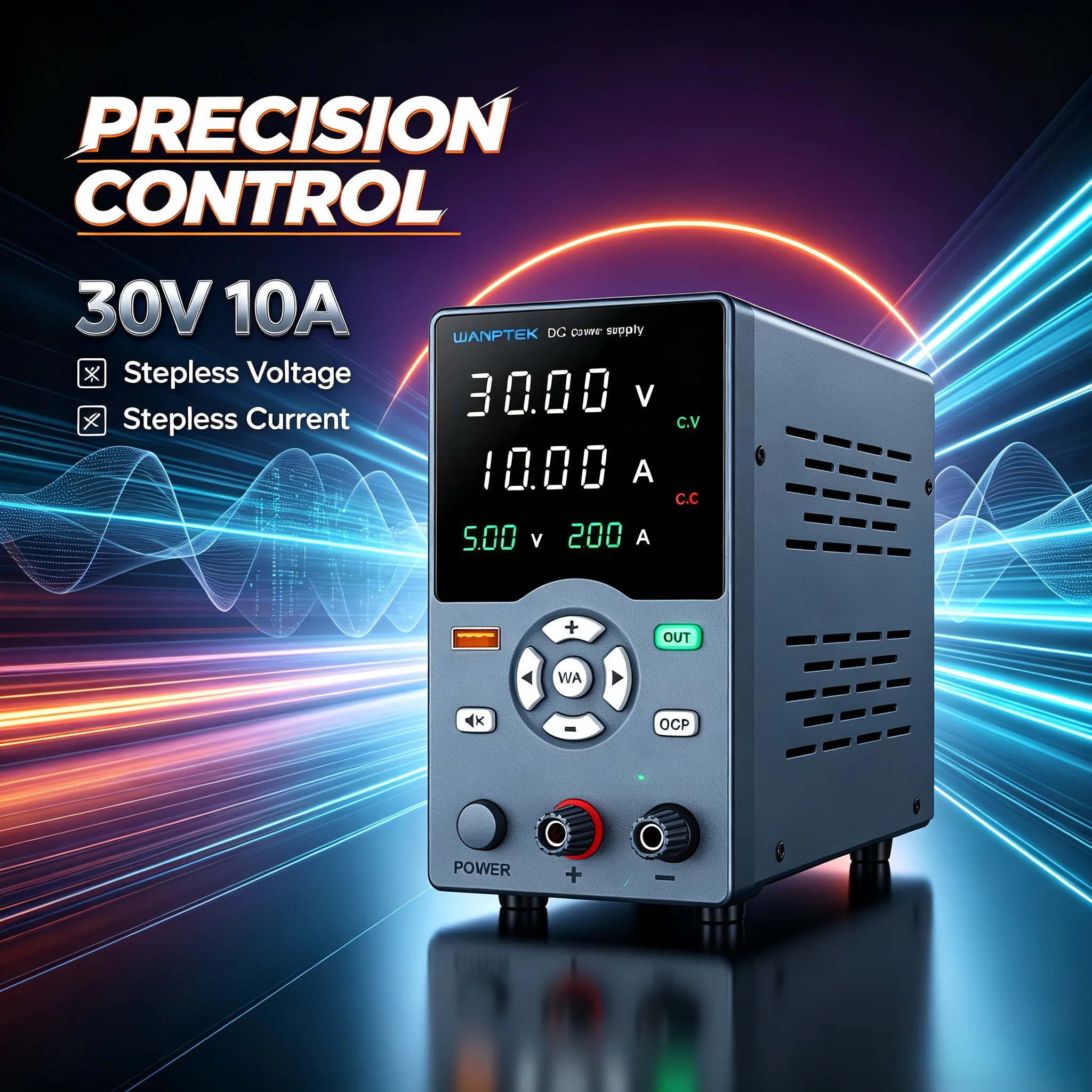 WANPTEK GC Series Adjustable DC Power Supply,4‑Window Dual‑Color Display,USB Fast Charge,CV/CC for Repair Lab