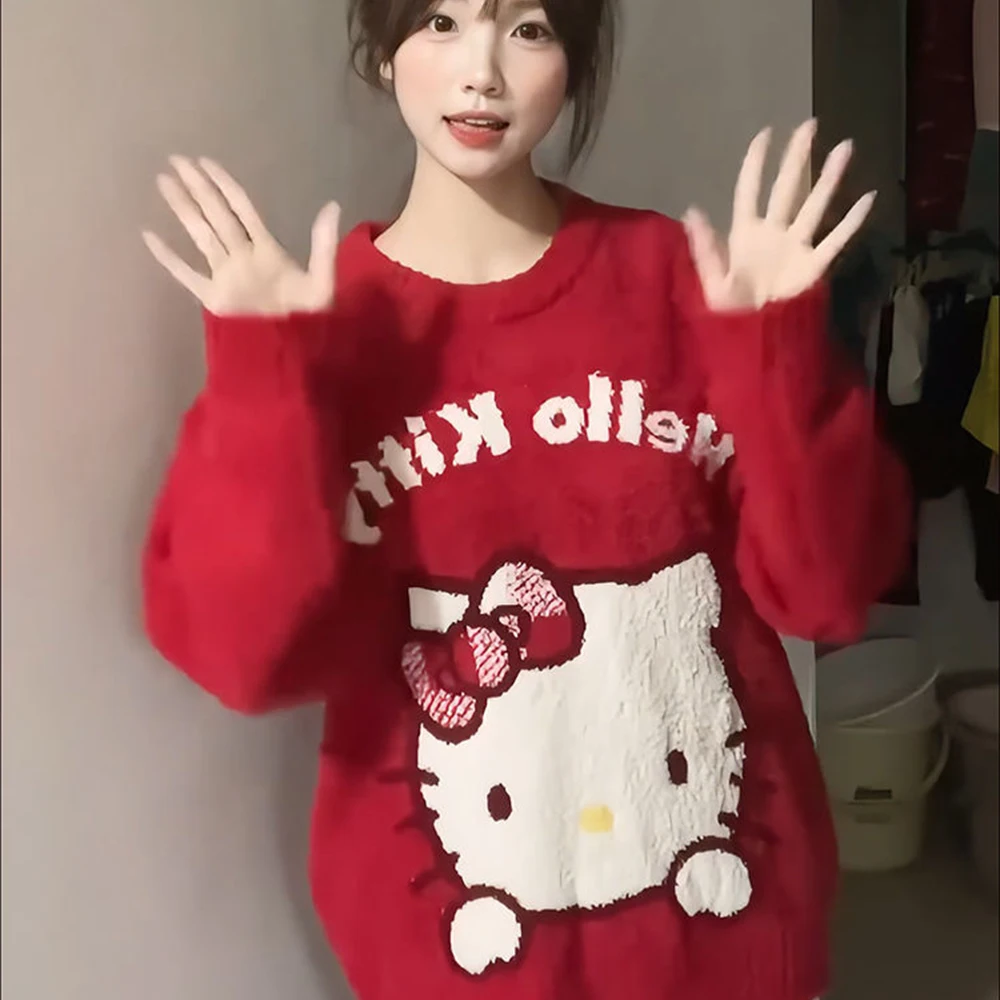 Kawaii Christmas Sanrioed Cartoon Hello Kitty Knitted Sweater Women Knitting Red Knitted Tops Anime New Cute Girls Student Tops