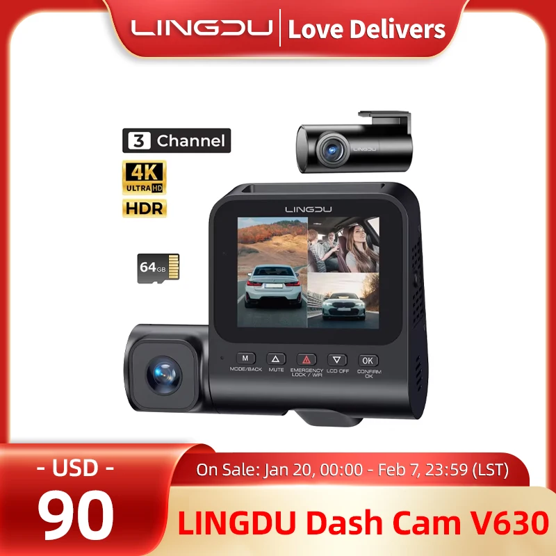 LINGDU 3 Channel Dash Cam V630 Car DVR 4K Front and Rear Insided Car Camera with WiFi GPS ADAS Driving Recorder 24H Parking Mode