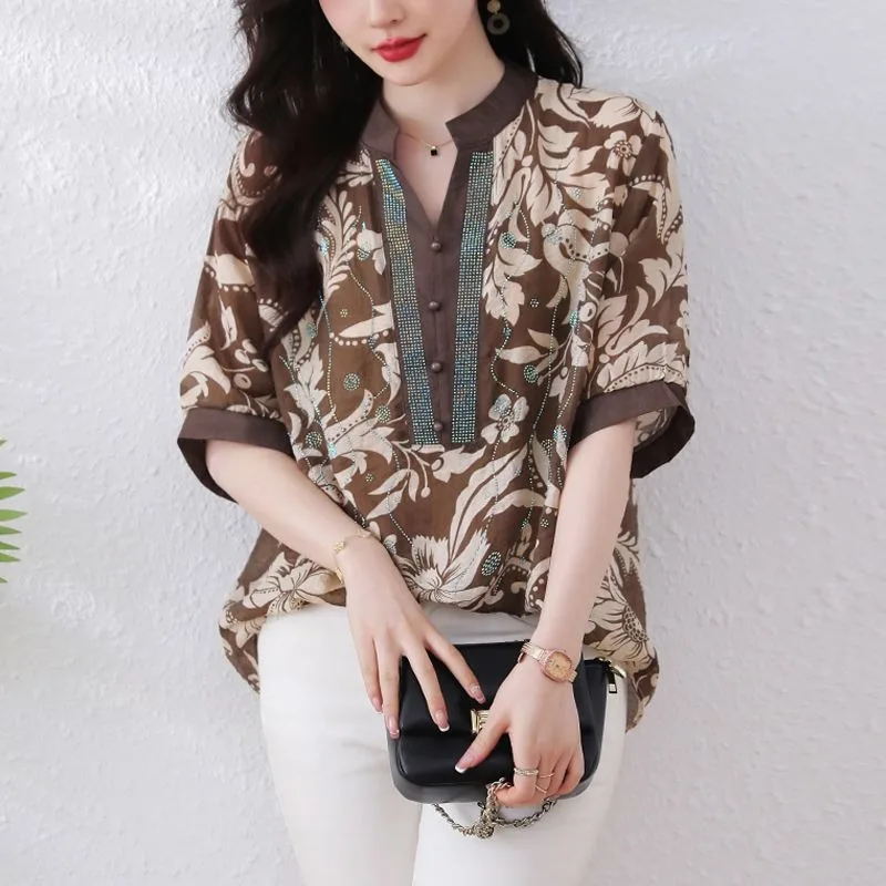 Women's Spring Summer Pullover V-Neck Chiffon Geometric Plant&Flowers Button Half Sleeve Rhinestone T-shirt Casual Elegant Tops