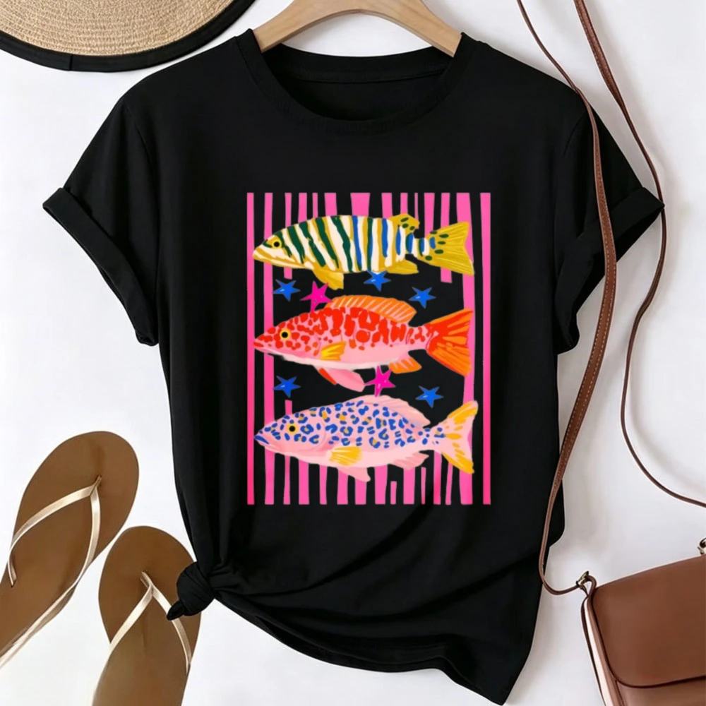 Colorful Tropical Fish Graphic T Shirt Bright Striped Background Star Decor Sea Creature Art Print Casual Short Sleeve Tee Tops