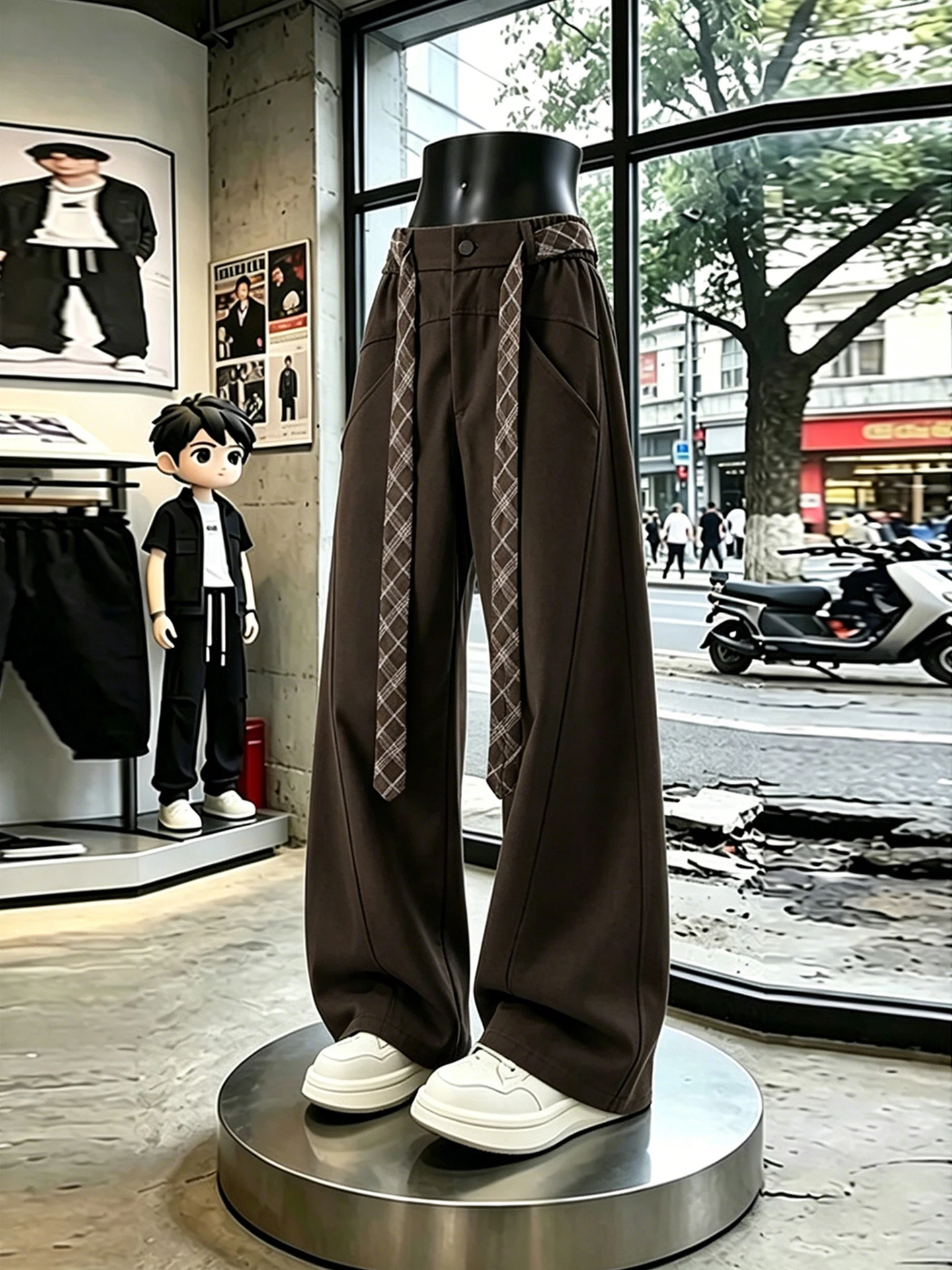 

Deep Brown Belted Men's Knife Pleat Casual Pants Autumn Winter Straight Leg Wide Leg Suit Feel Casual Trousers by Qijian