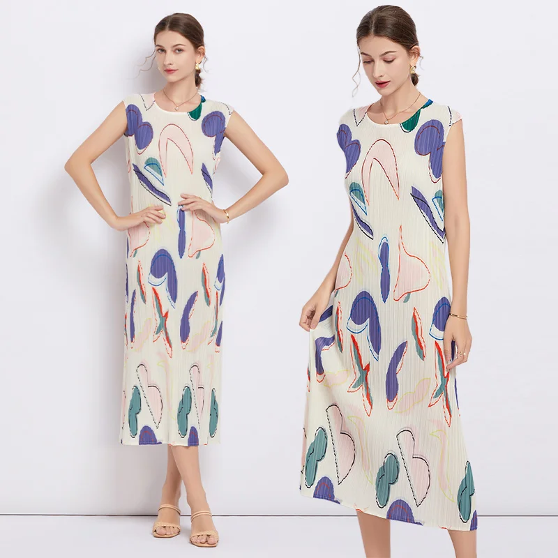 

Pleated Skirt 2023 Summer O-Neck Loose Large Sleeveless Magic Skirt Geometric Print Knee Length Dress Women's Robe