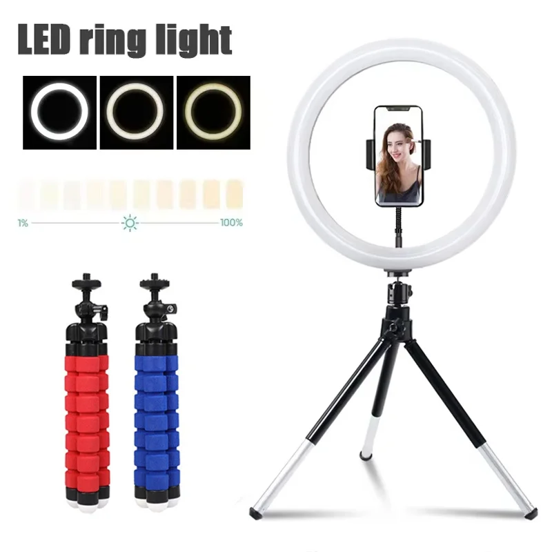 Anillo de luz LED para selfies de 6/10/12 pulgadas, lámpara de iluminación regulable para fotografía con trípode para grabación de vídeo, transmisión en vivo, Selfie