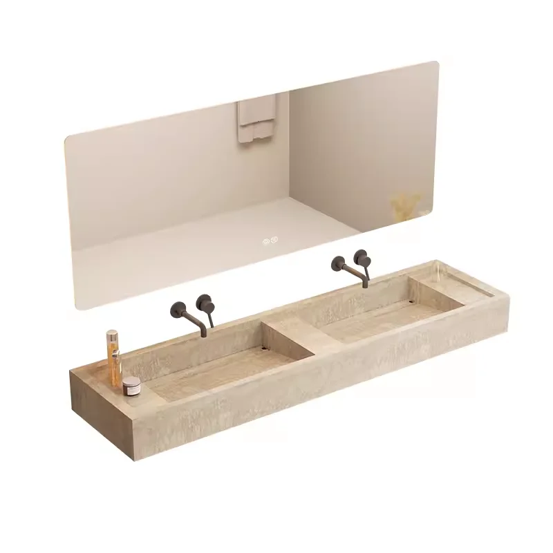

Light luxury travertine rock slab integrated wash basin bathroom cabinet combination washbasin wash basin under the counter