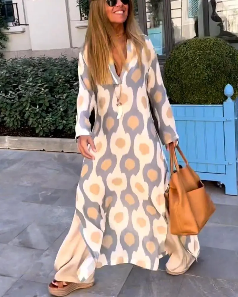 

Women Geometric Printing Split Maxi Dress 2023 Summer Causal V Neck Long Sleeve Dresses Female Holiday Beach Boho Dress Vestidos