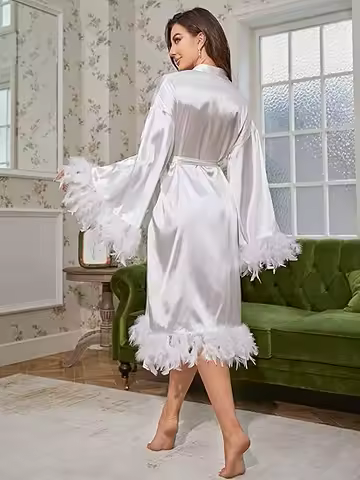 Women Satin Robe Sleepwear Solid Color Casual Feather Trim Long Sleeve Pajama Dress Ladies Loungewear Nightwear Bathrobe