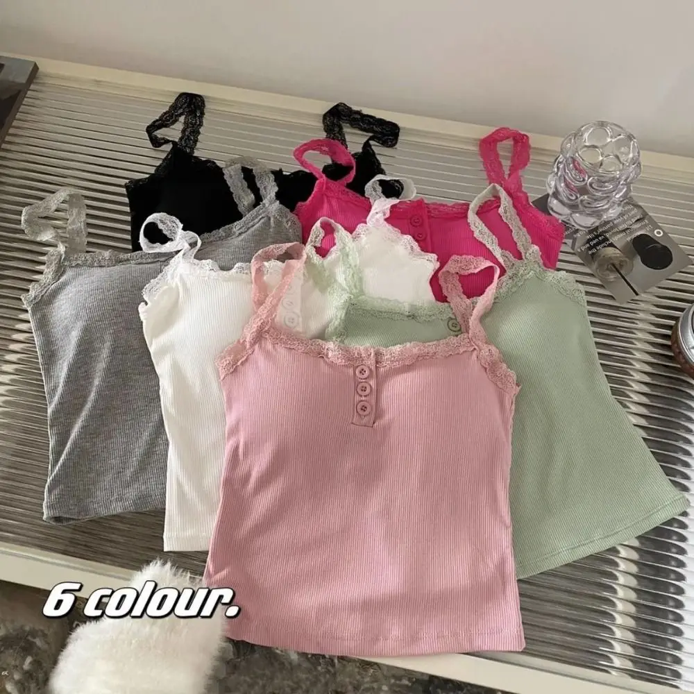 High Quality Cotton Lace Camisole Breathable Solid Color Crop Top Lace Trim Underwear with Chest Pad