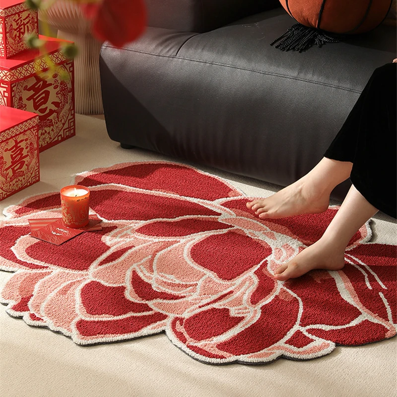 

Vintage Camellia Carpet Home Decor Room Rugs Embroidered Livingroom New Year Red White Flower Floormat Bedrooom Bedside Carpet