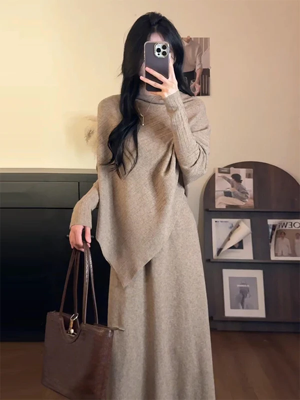 

Korean Sle Women's Autumn Winter Faion Set Long Skirt Knitted Sweater f Body Long Dr Comfortable Medium Thin