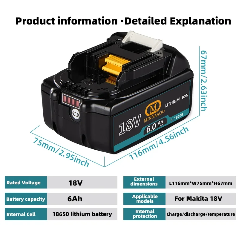 New 18V 6.0Ah Rechargeable Battery, For Makita Drill DGA404 DTW700 DHR202 DJV182 DDF487 Power Tool Battery, for Makita Battery - view 3