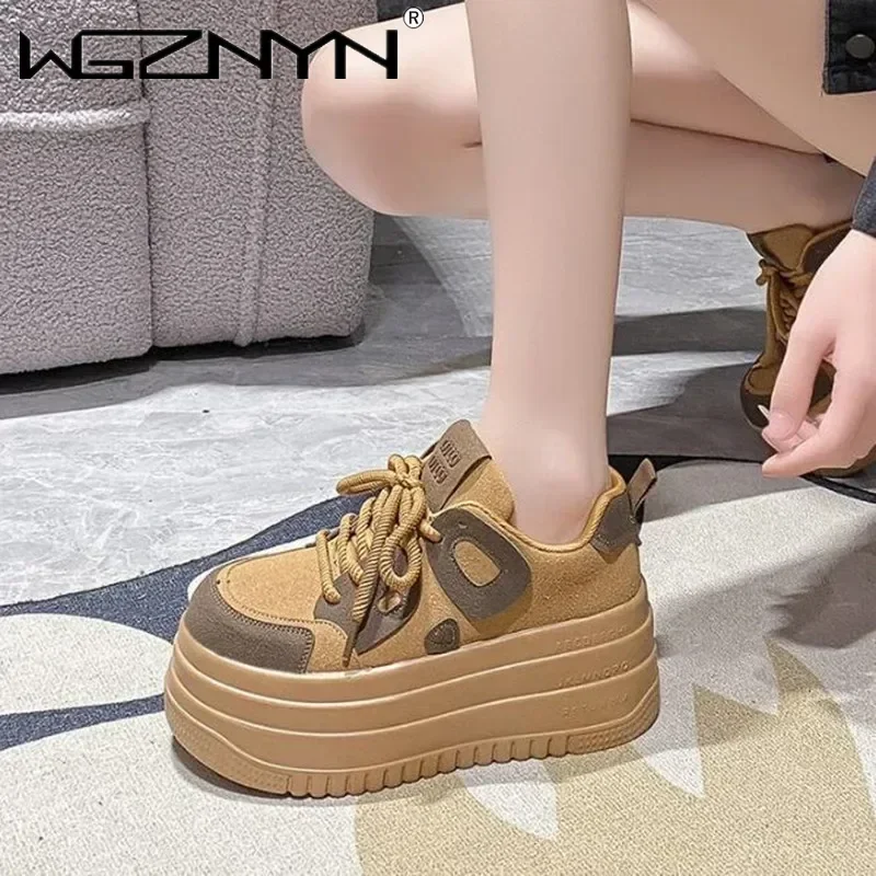 NEW Brand Chunky Leather Women Casual Shoes Leopard 7.5CM High Platform Wedge Heel Sneakers Female Women Spring Skateboard Shoe