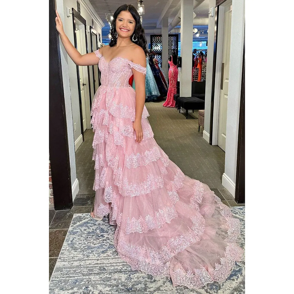 Gorgeous Pink Evening Dresses Elegant Off the shoulder Lace Gowns Floor Length Sweep Train Formal Event Long Dress 2025