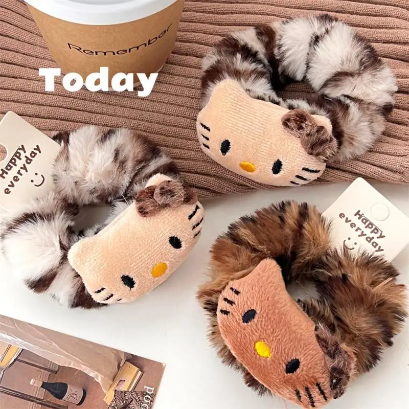 Sanrio Hello Kitty Leopard Print 새끼 고양이 헤어 루프 귀여운 플러시 헤어 로프 고탄성 헤어 액세서리 소녀를위한 생일 선물