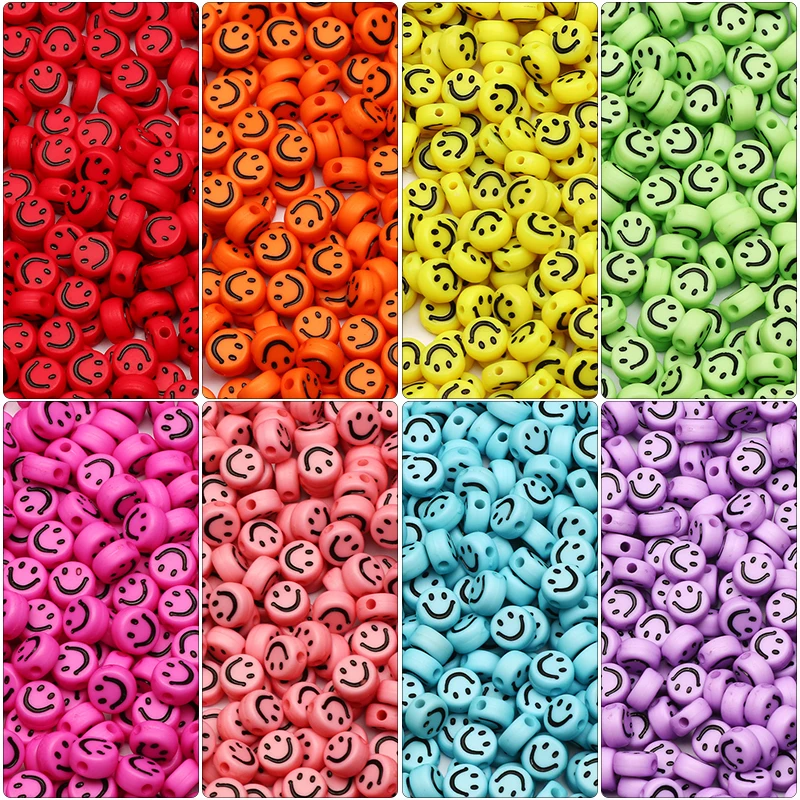 Bead Jewelry 4x7mm 100pcs Rainbow Color Acrylic Beads With Smiling Pattern Flat Round Beads For Jewelry Making Diy Accessories