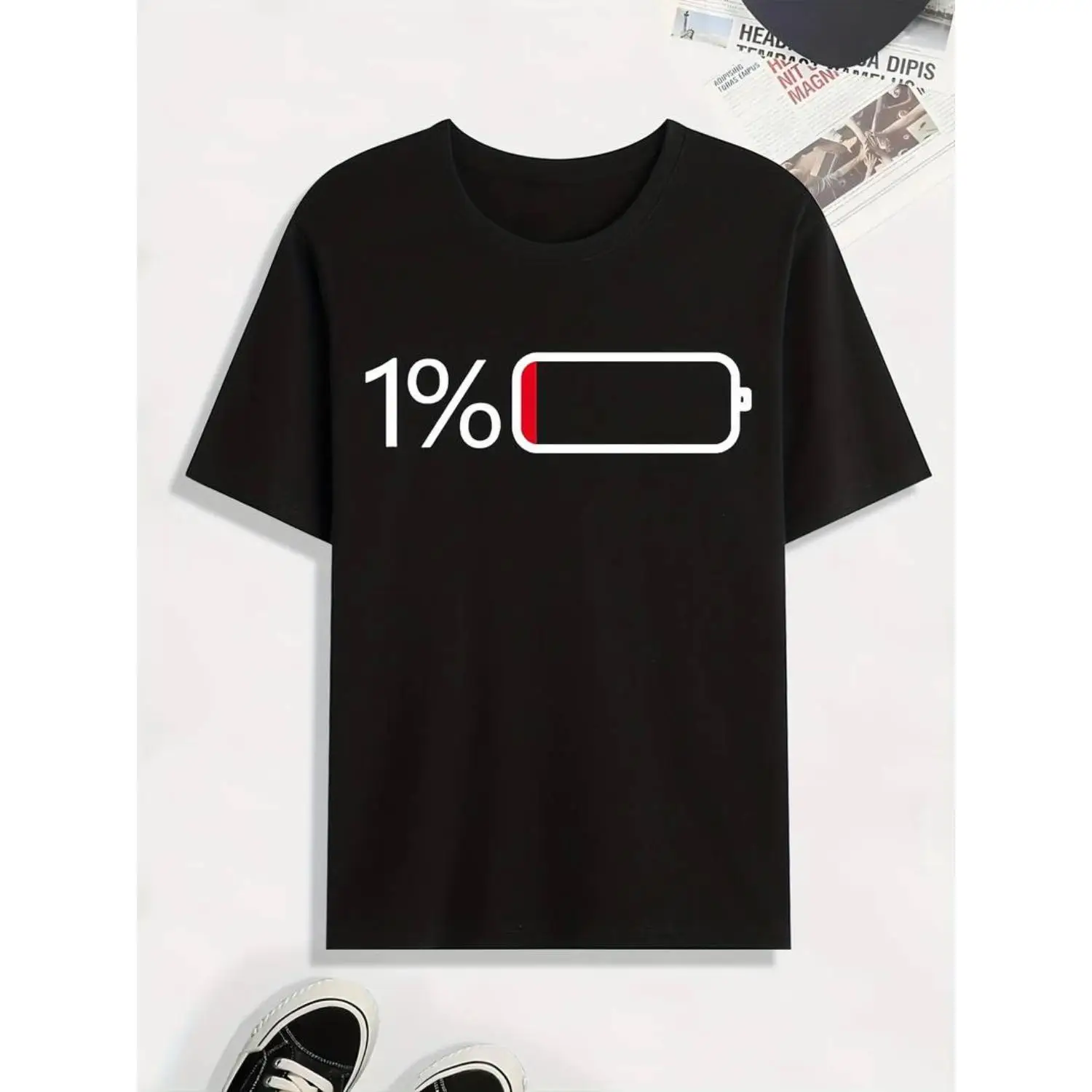 

Humor 1% Battery Low T-shirt Men's Women's Cotton Funny Graphic Tee Programmer Casual Summer Short Sleeve Top Gift for Him