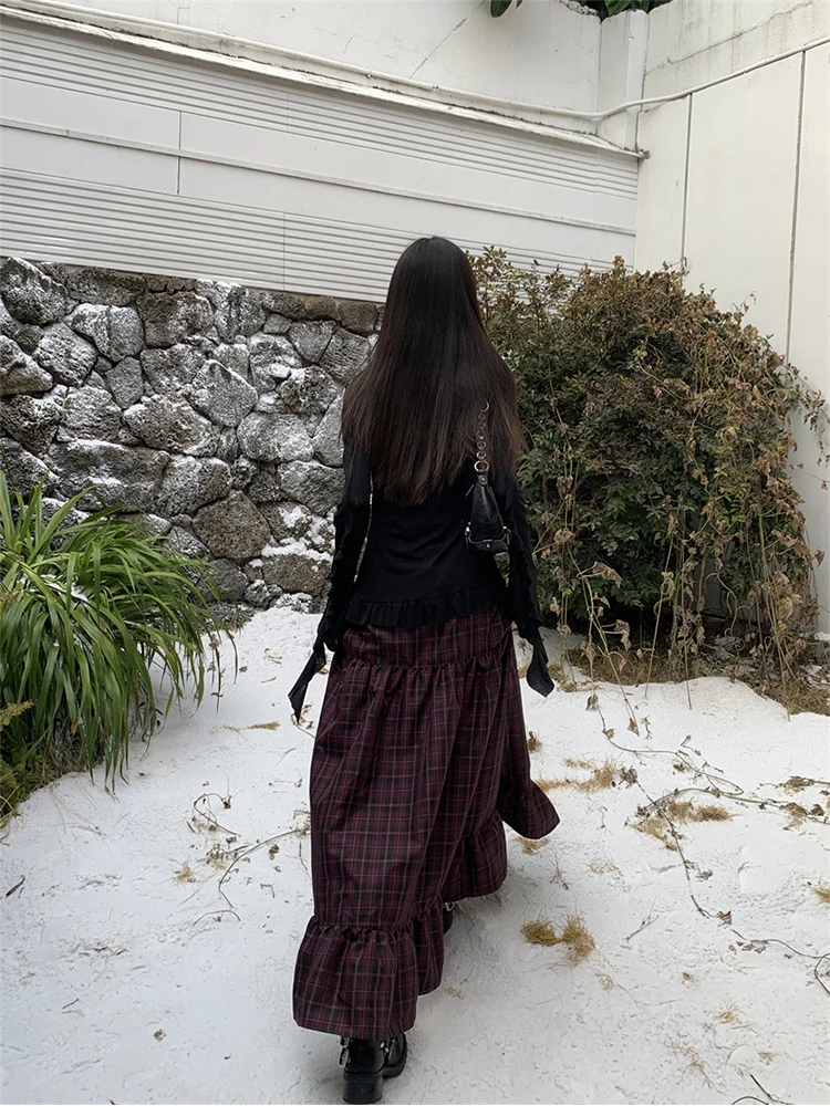 Summer Women Gothic Harajuku Plaid Maxi Skirt Japanese Y2k 2000s Dark Academia Vintage Design Grunge Cyber Punk Goblin Core Chic