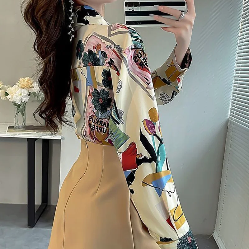 Spring Summer POLO Collar High Street Long Sleeve Shirt Women High Street Loose Printing Button Cardigan Vintage Elegant Tops