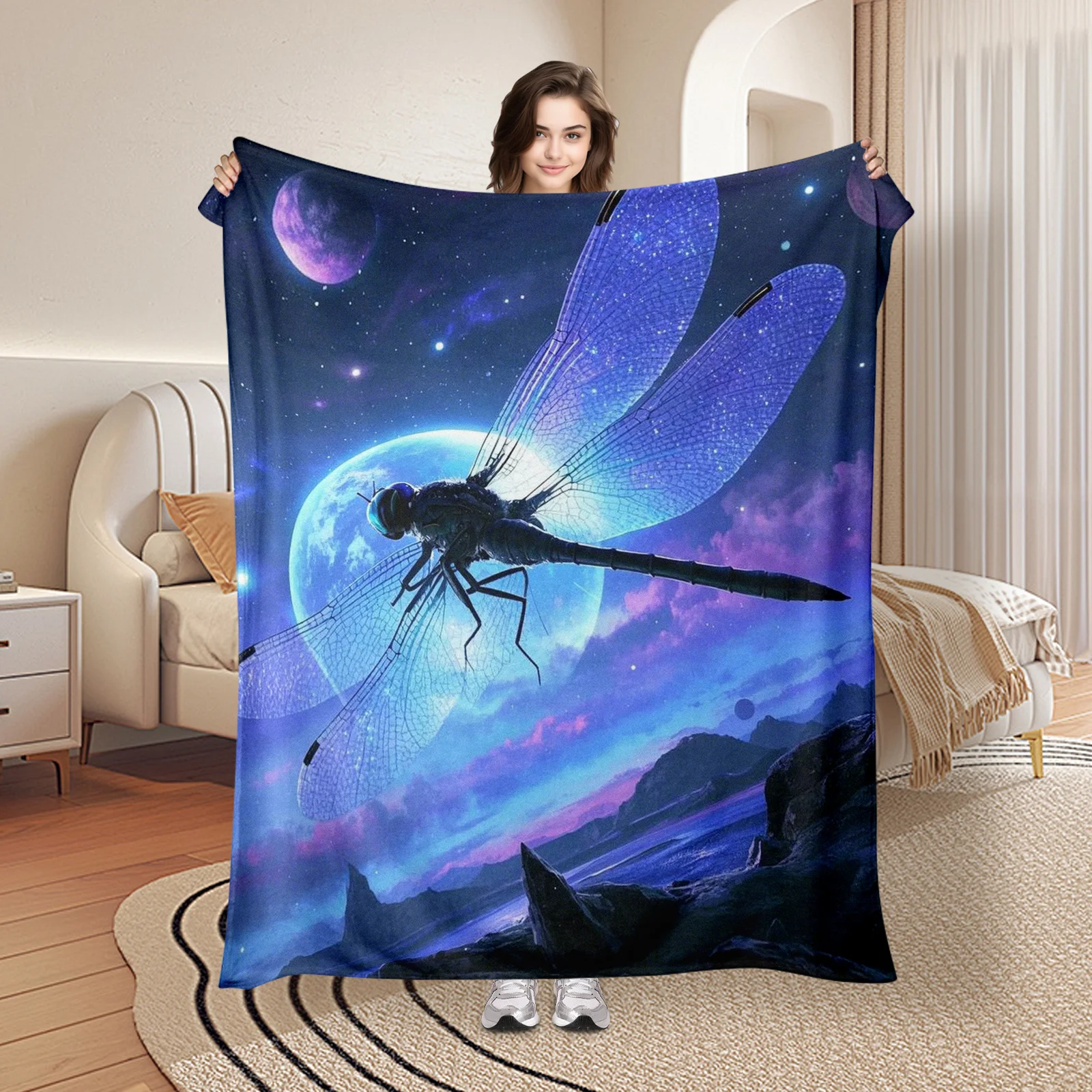 

Dragonfly Moon Starry Sky Mountain Range Design Warm Throw Blanket For Cozy Home Decor Or Outdoor Relaxation Comfort