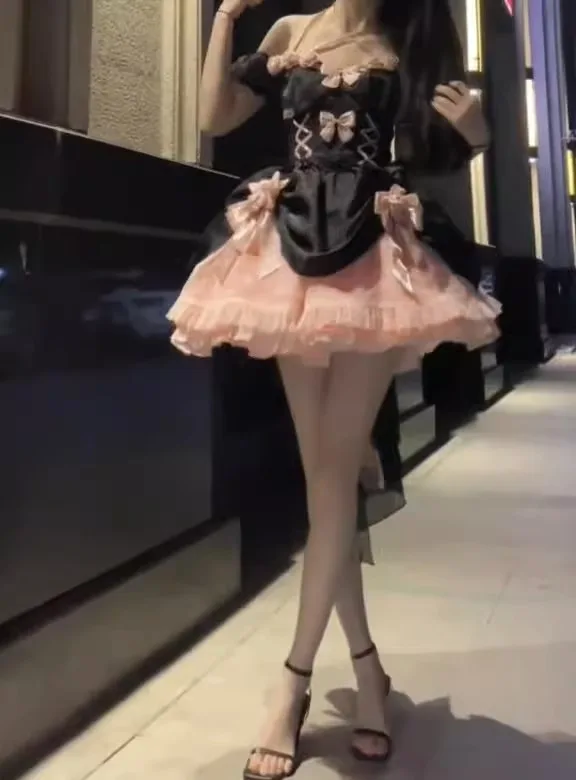 Black Pink Rose lolita Dress Gorgeous Sweet Lolita fish bone on the run Heavy Princess dress