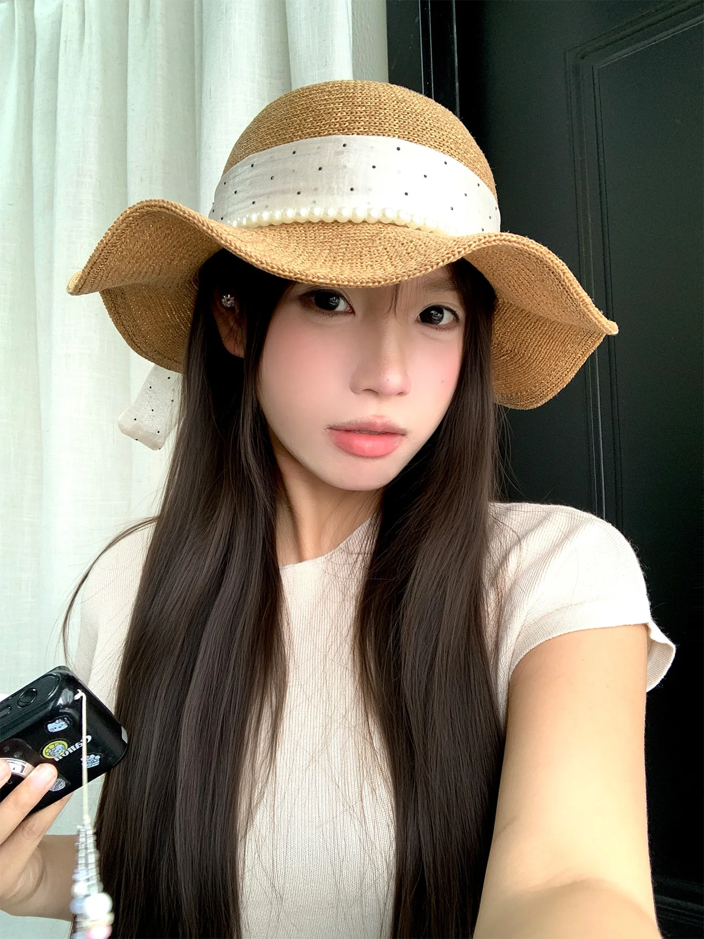 Summer Beach Vacation Women's Straw Hat Pearl Polka Dot  Knot Wave  Sunshade Hat Wide Brim round Top Cap