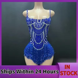 Blue Rhinestones Fringed Bodysuit Bar Nightclub Dj Ds Rave Outfit Women Sexy Gogo Dance Costume Stage Pole Dance Clothing 8324