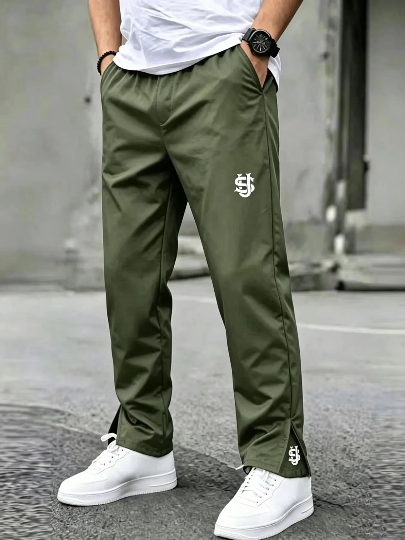 Men's Casual Sporty Zipper Embroidered Pants, Loose-Fit Straight Leg Long Trousers, Outdoor Activity Wear, Fall & Winter