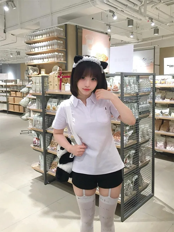 Sweet Versatile Student  Shirt Women's Original JK Uniform Waist-Cinching Top Korean Style Short Sleeve Button-Up Top