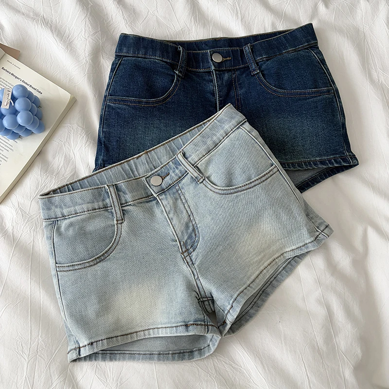 

Jean Shorts Casual High-Waisted Light Blue Denim Shorts for Women, Vintage Wash Button Fly Sexy Tight A-Line Hot Pants Summer