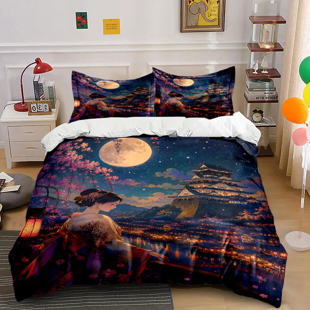 Night castle view under moonlight Print Bedding Set 1 Duvet Cover 2 Pillowcases for Adult and Children Luxury Gift Full Size