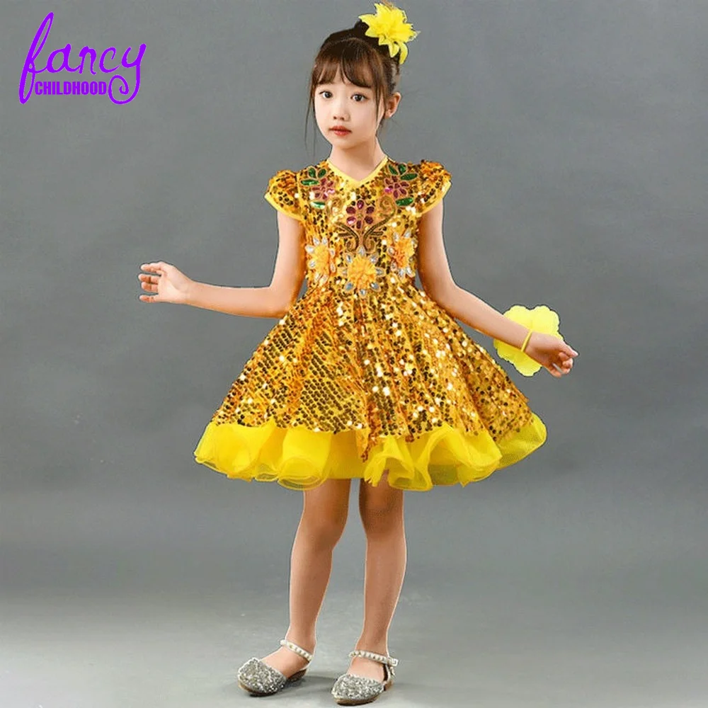 

Sparkly 2022 Flower Girl Dresses Golden Sequined Kids Wedding Dresses Cheap Communion Gowns Little Girl Yellow Pageant Dress