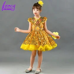 Sparkly 2022 Flower Girl Dresses Golden Sequined Kids Wedding Dresses Cheap Communion Gowns Little Girl Yellow Pageant Dress