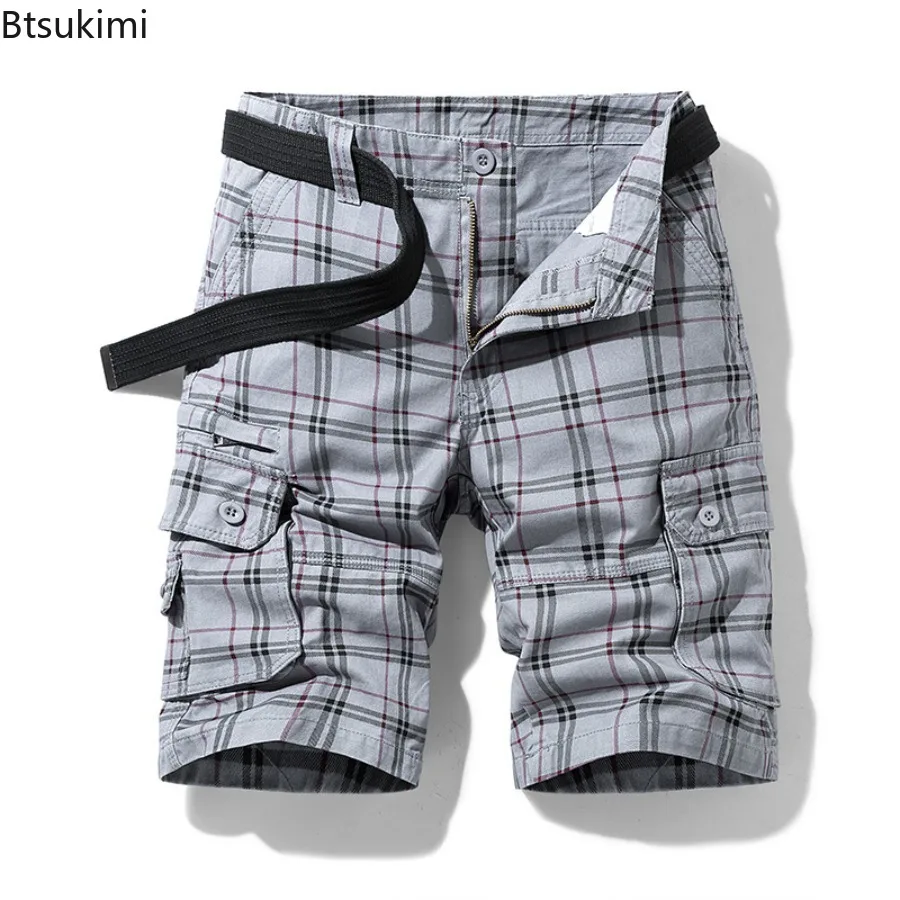 Summer Fashion Men's Plaid Beach Shorts Pure Cotton Casual Sports Cargo Pants for Men Simple Slim Fit Multi Pocket Pants Male
