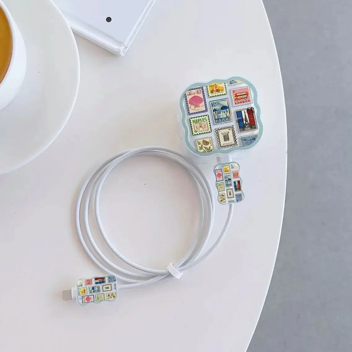 3-Piece Set Wave Postage Stamps Cable Protector for iPhone 20W UK HK Plug Charger Case Phone Wire Cord Organizers