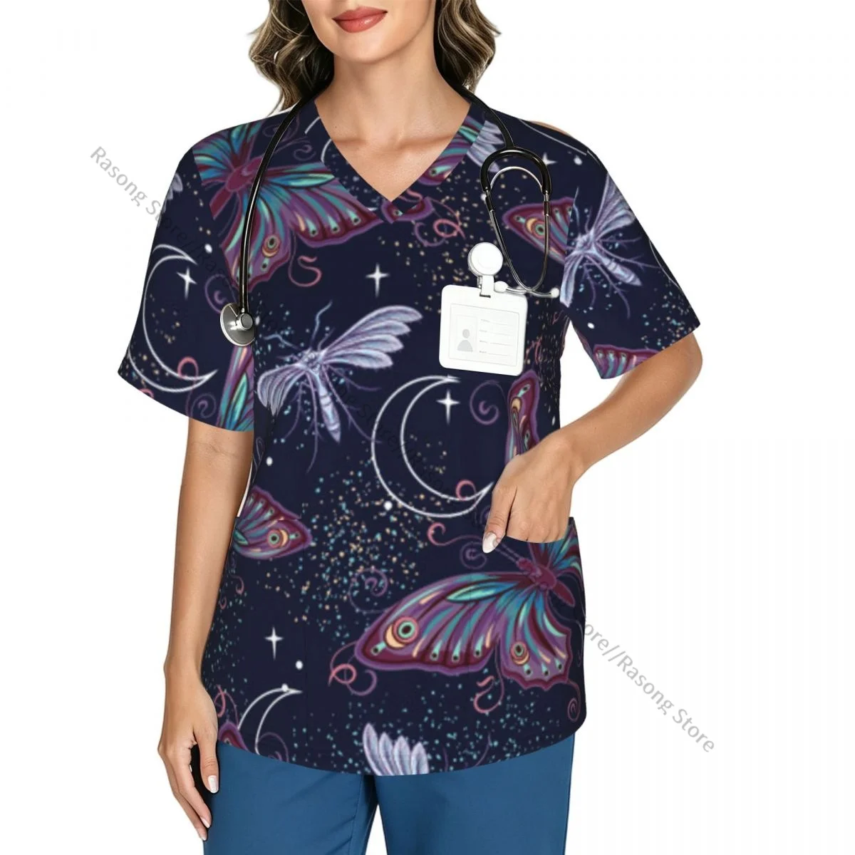 Mysterious Fantasy Butterfly Moths Crescent Moon Scrubs tops medical uniforms women Stretch Scrub Shirt Dentist doctor Blouse